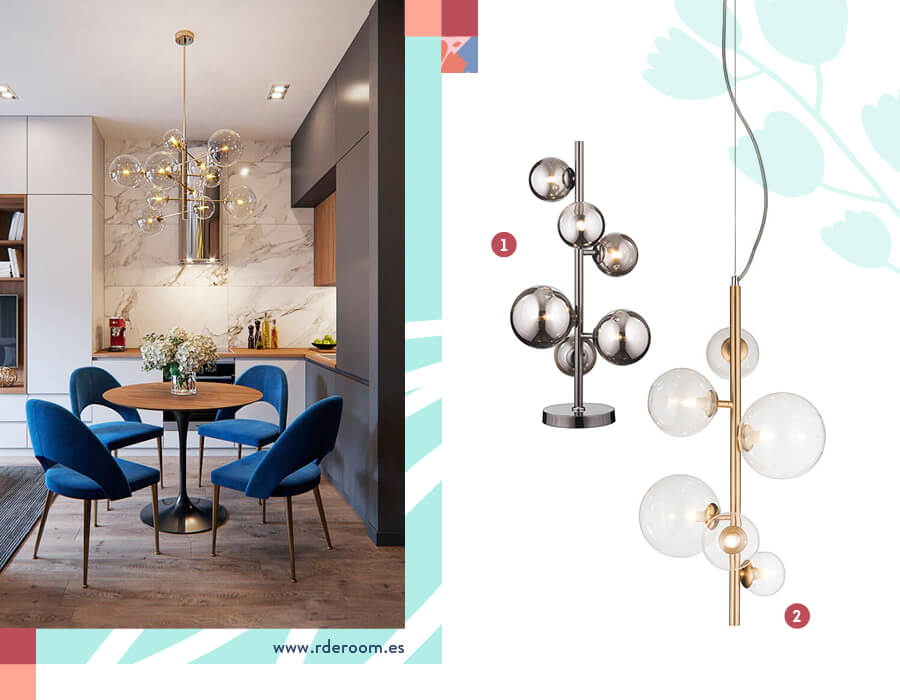 Lámparas mid century Una imagen divida en dos. En la imagen de la izquierda, una ambientación donde una lámpara colgante con varias ampolletas es la protagonista. En la imagen de la derecha, una selección de dos lámparas con varias ampolletas cada una.