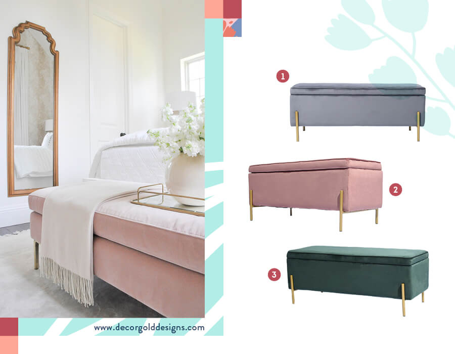 Banquetas con espacio de almacenamiento Banquetas de tela en colores pasteles con patas de metal dorado. Una rosada, una morada y otra verde petróleo.
