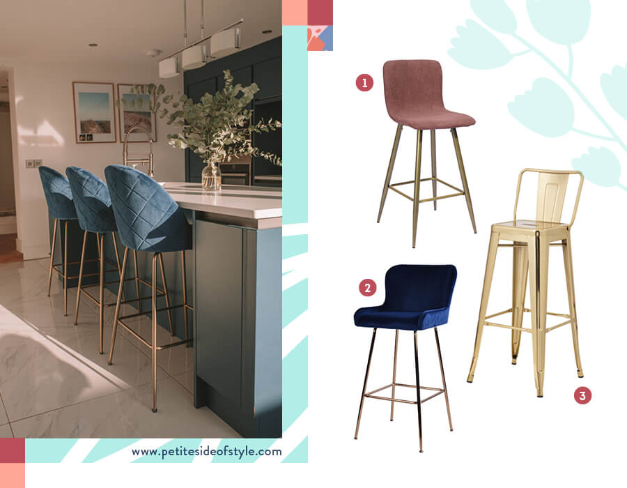 Banquetas de bar Una imagen divida en dos fotos. En la de la izquierda, una ambientación de una cocina con tres banquetas de bar de tela color azúl petróleo con patas metálicas de bronce. En la imagen de la derecha, una selección de tres banquetas de bar, de distintos materiales y colores.