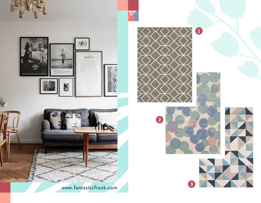 Alfombras con estampados geométricos En la primera fotografía, hay una alfombra color beige con un patrón geométrico de diamantes en gris. En la segunda fotografía, hay una selección de 3 alfombras con patrones geométricos