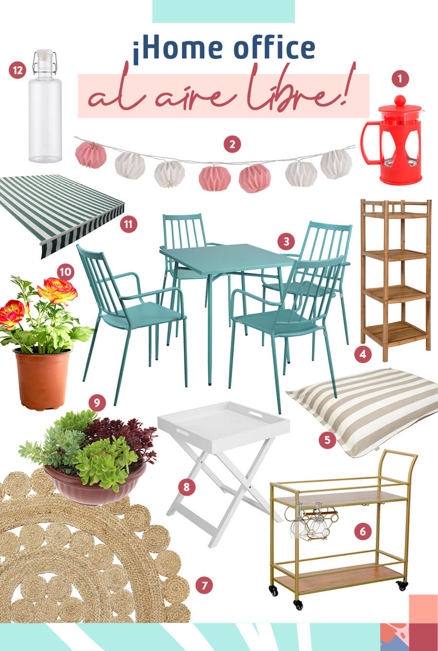 Se muestra una selección de muebles y accesorios para hacer un home office al aire libre, como juego de comedor de terraza, carro bar, cojines, alfombras, mesas plegables, etc.