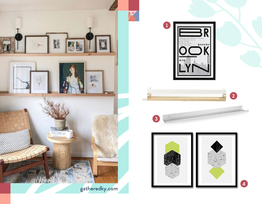 Cuadros en las paredes En la imagen se muestran repisas y cuadros decorativos para decorar un living.