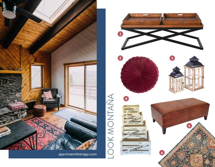 un living con paredes de madera y piedra, con ventanal, junto a una selección de productos que evocan una decoración rústica.