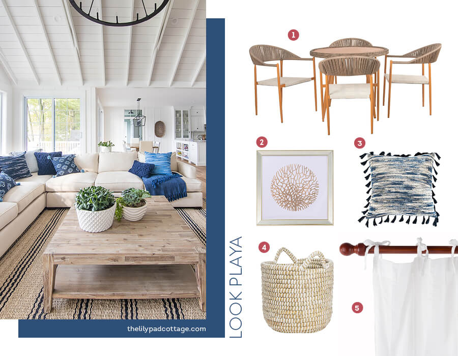 un gran living de paredes blancas, muy iluminado, con sillones de colores neutros con cojines de tonos azules y una mesa de centro de madera.