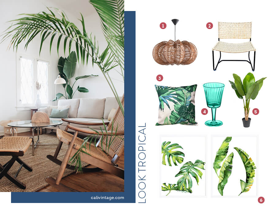 un living con paredes claras, muebles de madera y plantas grandes, junto a una selección de productos para una decoración tropical en el hogar.