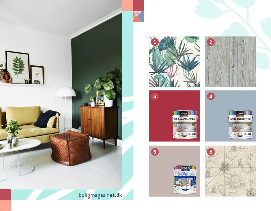 Un muro protagonista En la imagen se muestran papeles decomurales con diseño botánico y de mapa, y pinturas de la marca Kolor de color rojo finlandia, azul croacia y arena varosha, productos para decorar un living