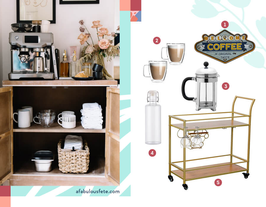 Rincón para el café En la imagen se muestra un carro de café, 2 mugs, una cafetera y un frasco de vidrio para el agua, que son productos para decorar un living