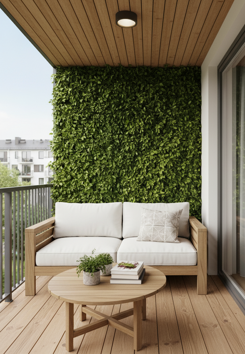 Un balcón moderno con muro vertical cubierto por una planta trepadora de tipo senecio, sofá de madera clara con cojines blancos y mesa redonda de madera sobre un deck del mismo tono.