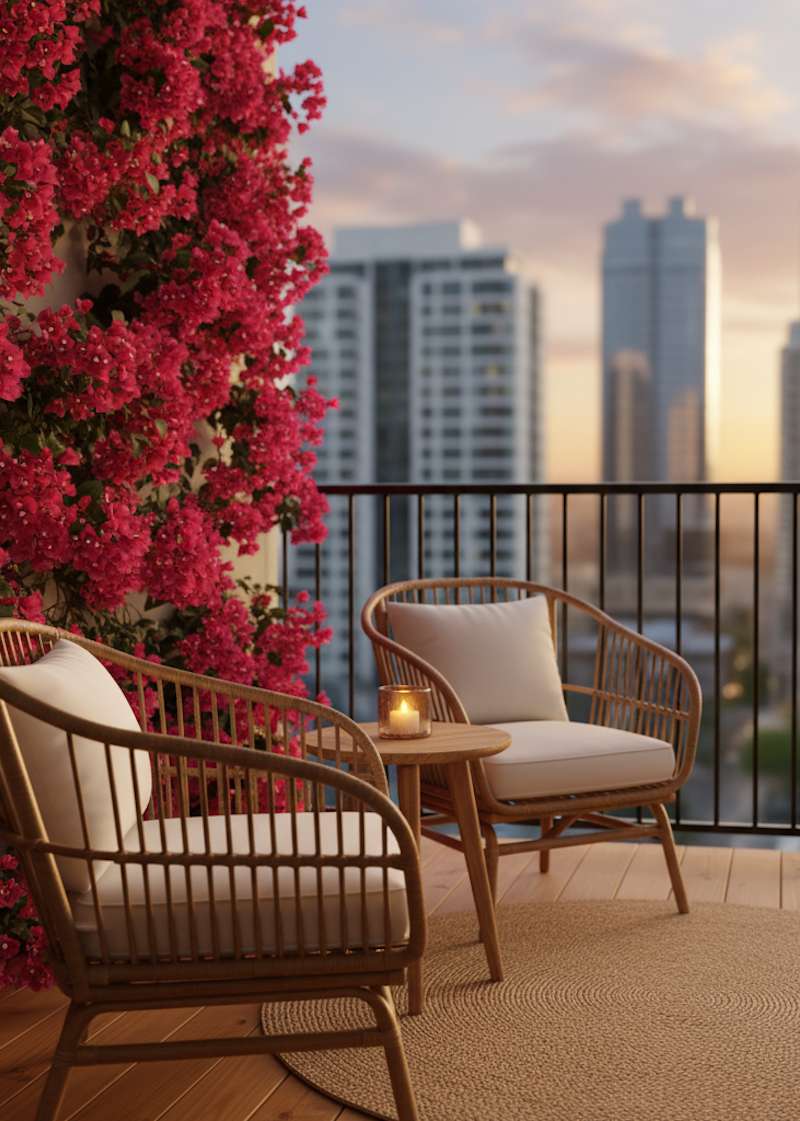 Balcón exterior cálido decorado con buganvilia fucsia, sillas de fibras naturales y velas sobre mesa redonda; al fondo, rascacielos iluminados por el atardecer.