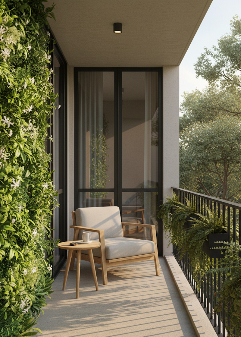 Balcón íntimo con muro verde de jazmín en flor, silla de madera con apoyabrazos y mesa auxiliar redonda, rodeado de vegetación natural.