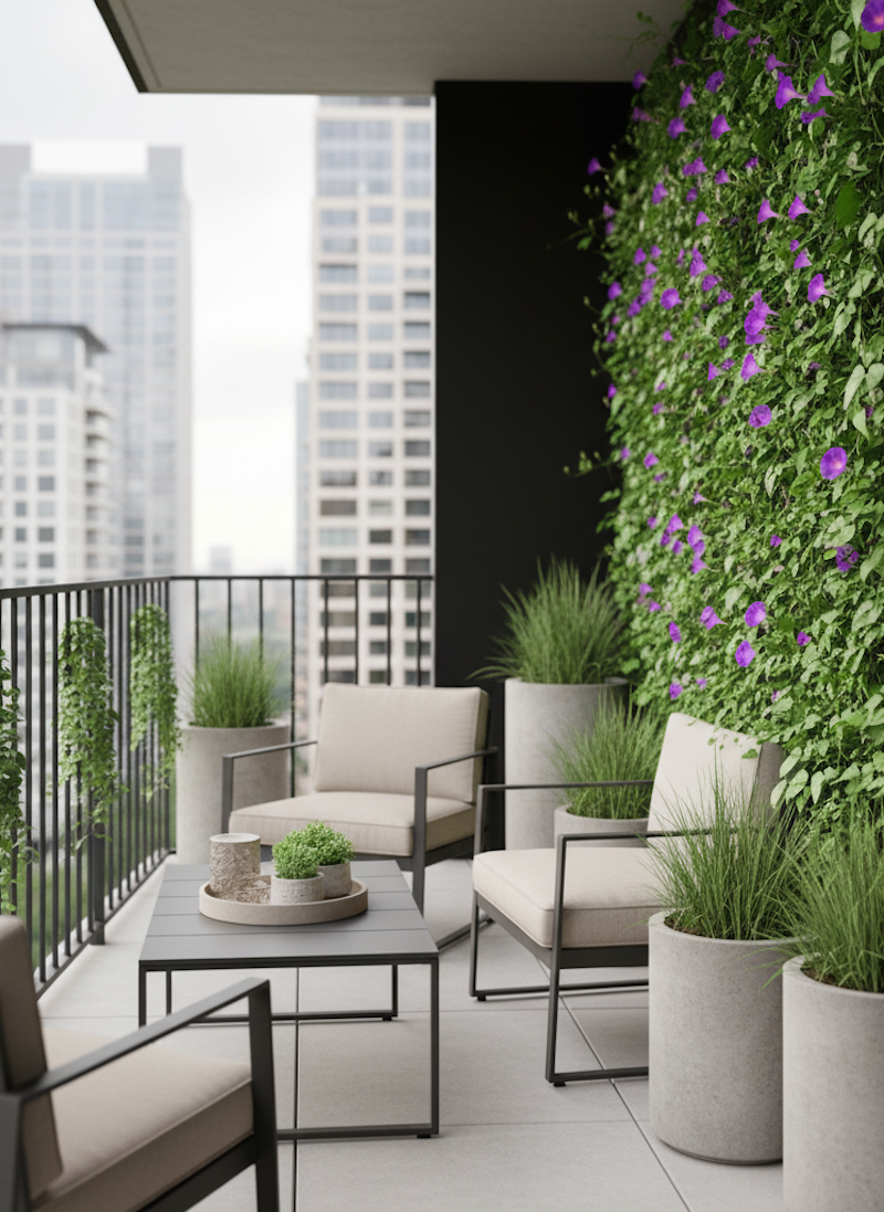 Terraza con plantas trepadoras Ipomea, sillones con estructura negra y plantas en maceteros de cemento gris.