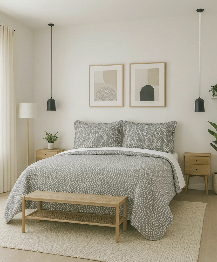 Dormitorio de paredes blancas y una cama con un quilt gris con triángulos blancos. Sobre la cama hay 2 cuadros minimalistas de tonos neutros con marcos de madera clara, y al costado dos veladores con 2 lámparas colgantes negras.