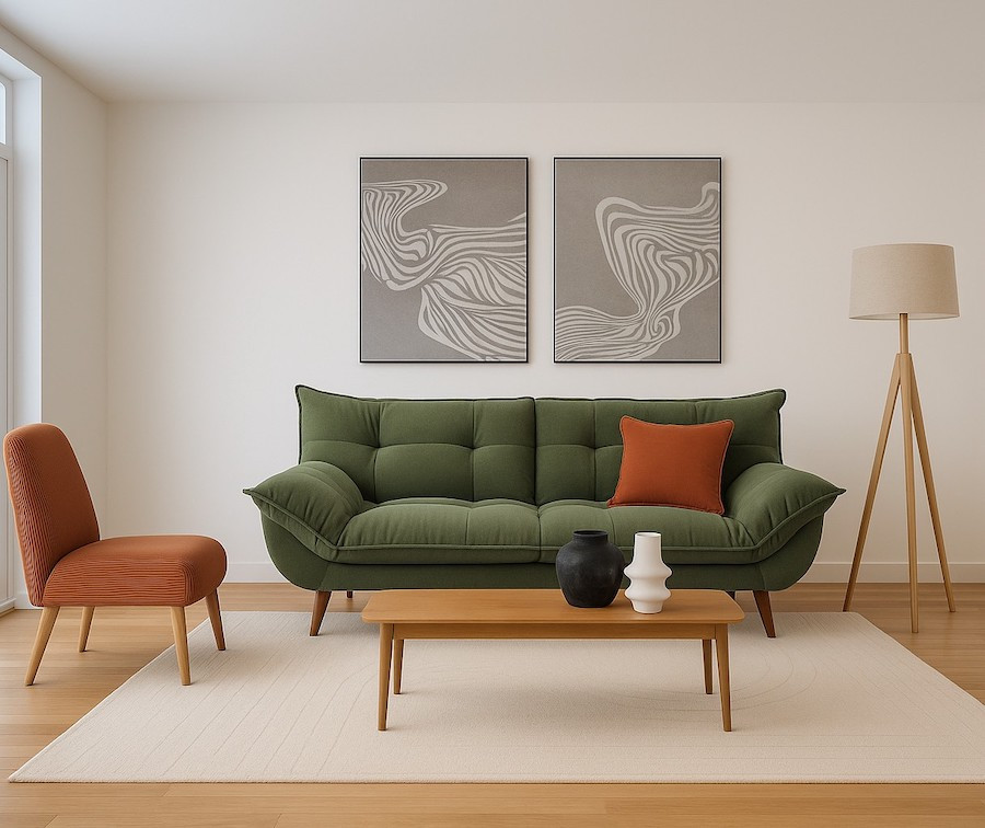 Decoración de living que logra un espacio amplio visualmente. Hay un sofá verde oliva con un cojín terracota, dos cuadros gris claro con líneas orgánicas, una mesa de centro de madera clara con 2 floreros, una poltrona terracota y una alfombra beige claro.