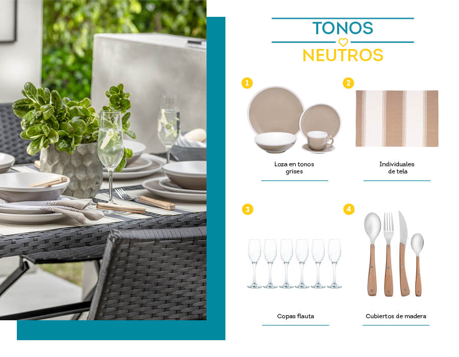 Se muestran juegos de loza, individuales de tela, copas, cubiertos de mesa y menaje en colores neutros en general