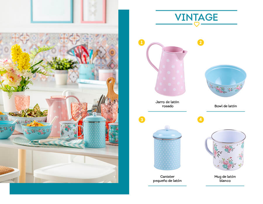 Se muestran jarros vintage, bowls, contenedores, tazas, mugs y menaje de mesa con estilo vintage