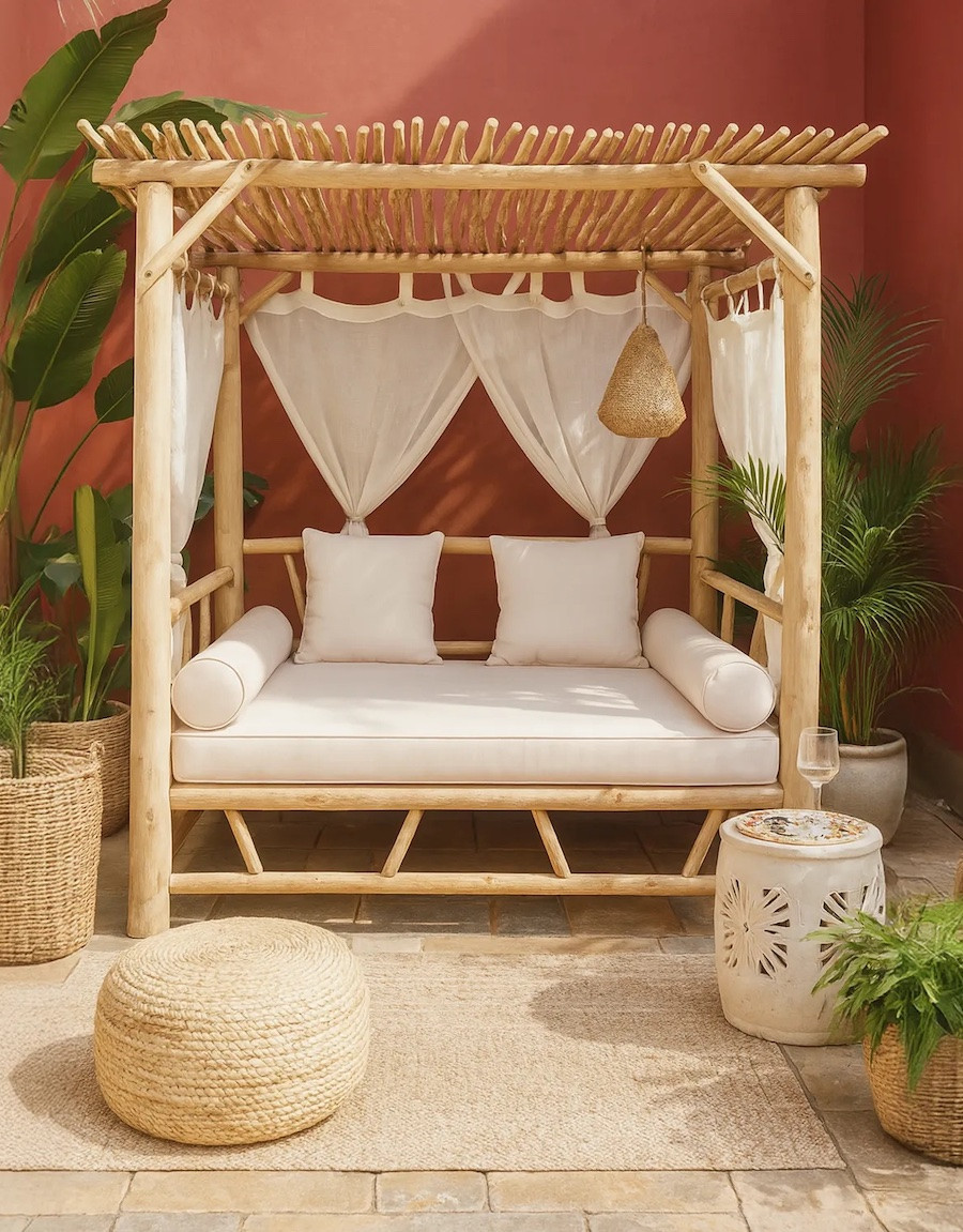 Cama balinesa para terraza con cojines y cortinas blancas, mientras que la estructura es de madera clara. Está rodeada de grandes plantas.