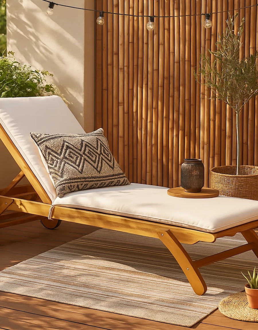 Reposera de madera con un cojín blanco.