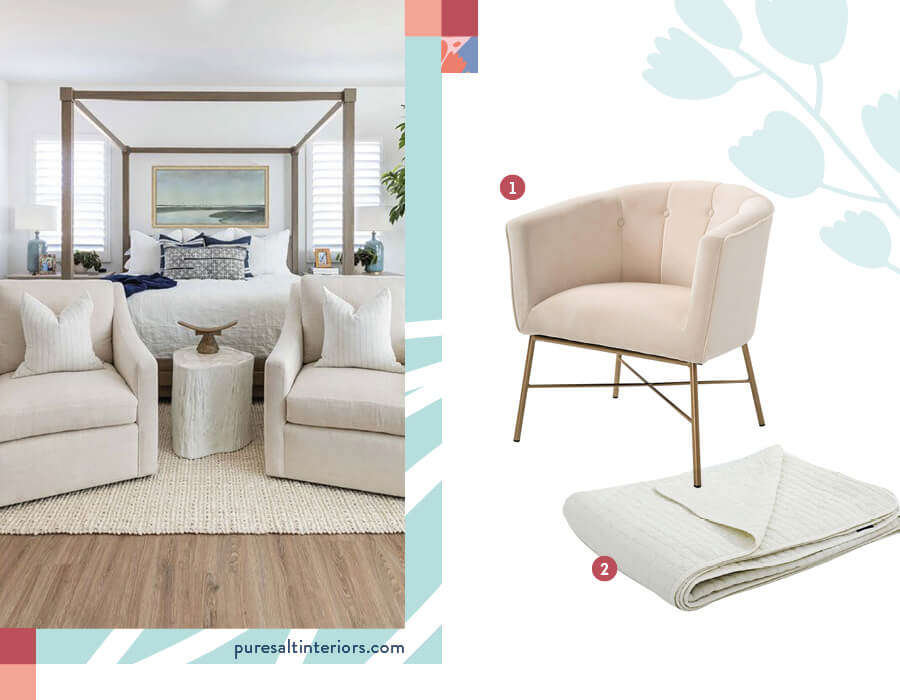 Dormitorio con muebles en tonos claros y neutros, con una cama y dos sillones. A la derecha hay una selección de combinación de poltrona y cubrecama en beige.