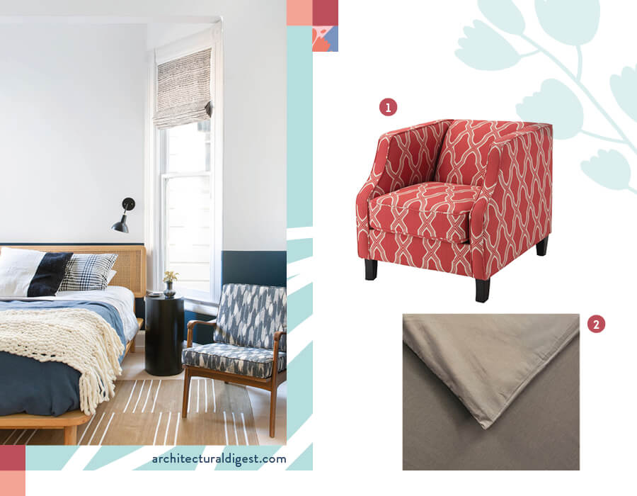 Decoración de dormitorio moderno con cubrecama liso y poltrona estampada