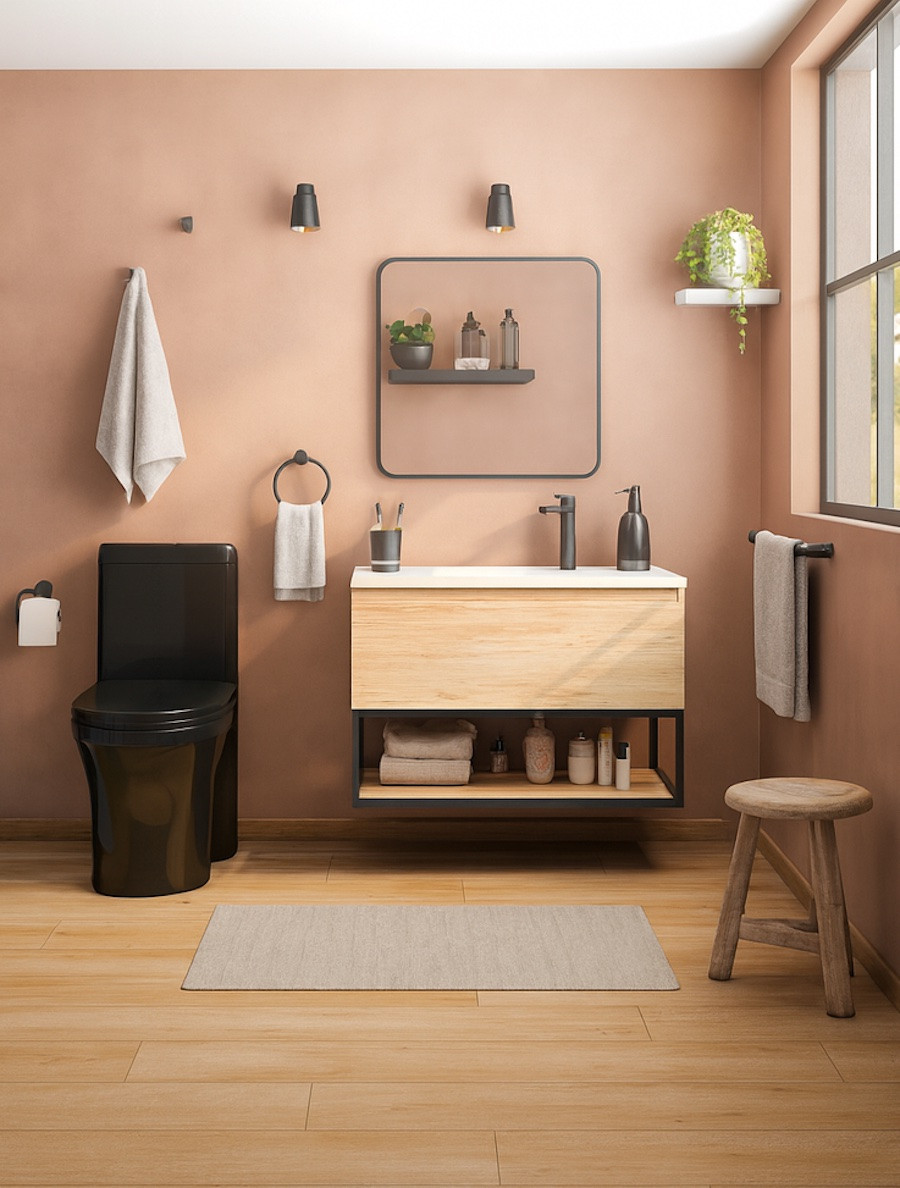 Baño moderno con paredes en damasco claro y detalles en negro mate, que aportan profundidad, modernidad y sofisticación.