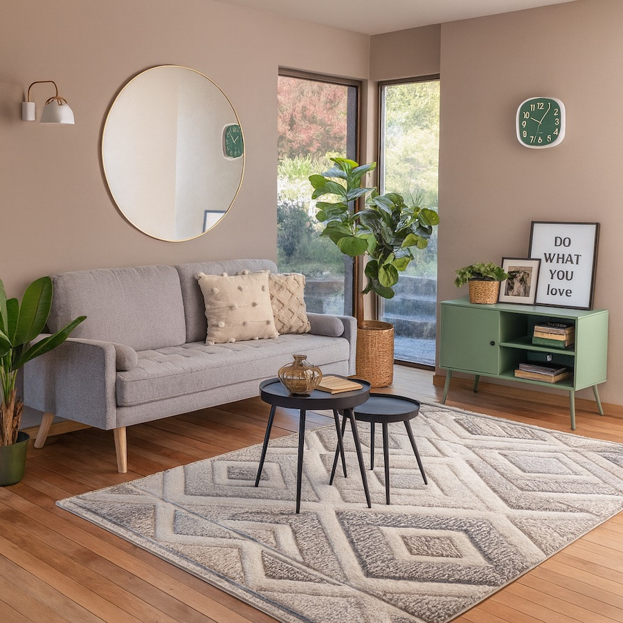 Living acogedor con muro en tono taupe, sofá gris claro, plantas y muebles negros y verde menta.