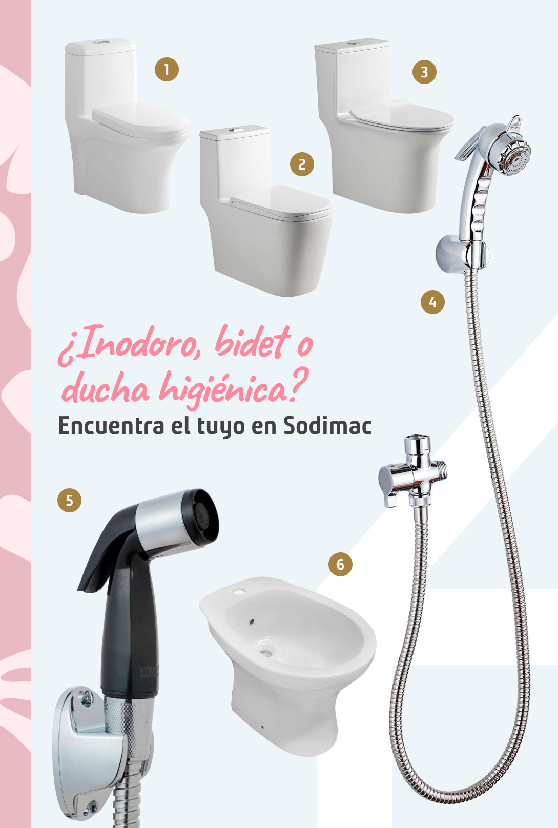 Moodboard de inodoros, bidet y ducha higiénica disponibles en Sodimac.