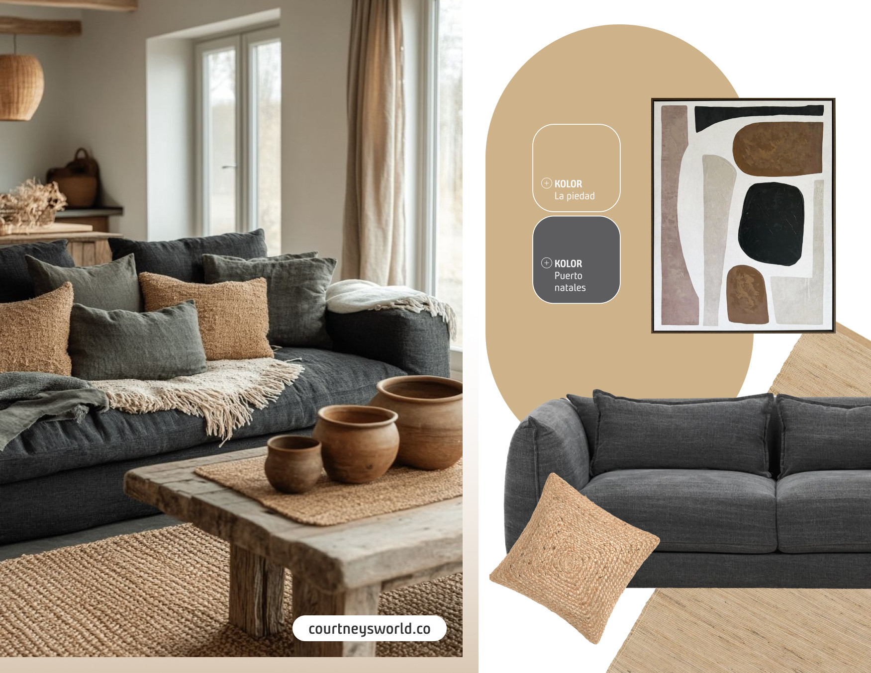 Moodboard con un living con sofá gris oscuro y cojines en tonos tierra y verde oliva, combinados con mesa rústica de madera y alfombra de fibras naturales. Al costado están los productos y colores de pintura disponibles en Sodimac para conseguir ese look.