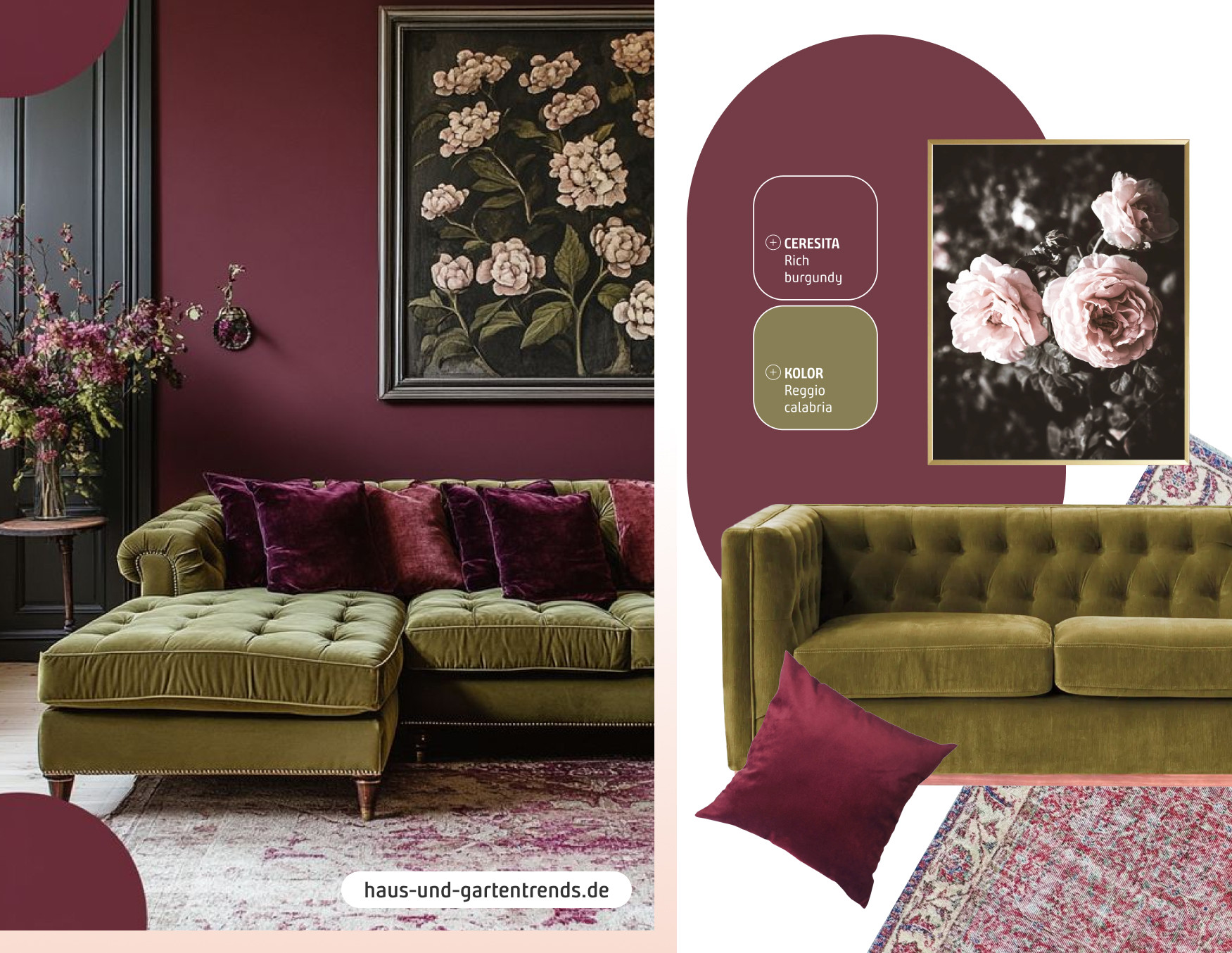 Moodboard con un living con sofá de terciopelo verde oliva y cojines en tonos burdeos, con pared pintada en color vino. Cuadro floral clásico y alfombra oriental. Al costado están los productos y pinturas disponibles en Sodimac para lograr ese look.