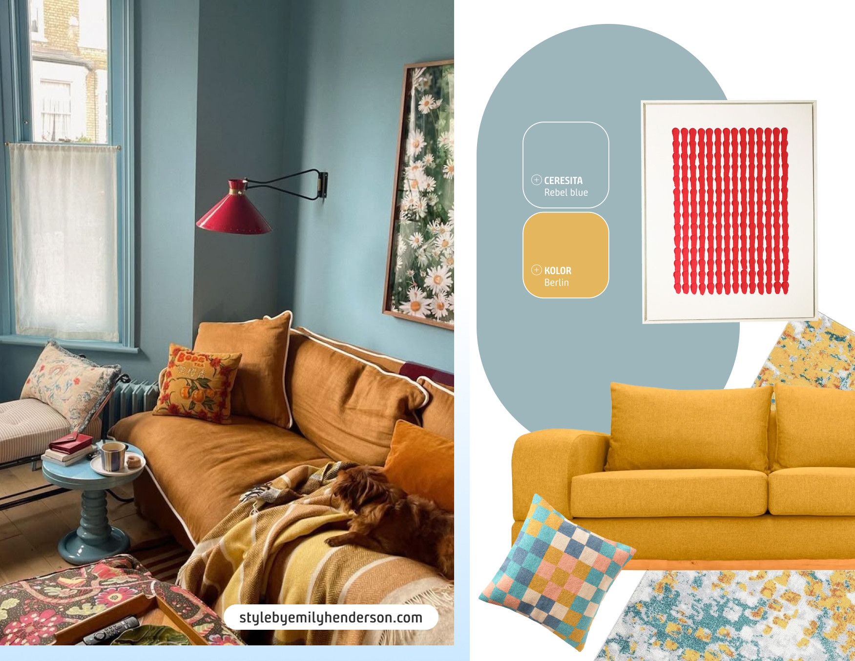 Moodboard con una sala de estar con sofá mostaza y cojines coloridos, acompañados de paredes azul celeste y detalles en rojo y estampados florales. Al costado están los productos y pinturas disponibles en Sodimac para lograr el look.