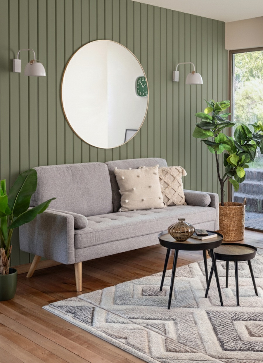 Living decorado con paneles verdes oliva, sofá gris y plantas naturales para un look fresco y moderno.