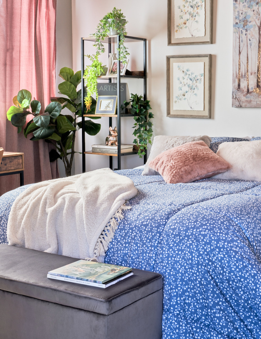 Dormitorio con cama con plumón azul y cojín rosado. Repisa alta de madera y metal, con maceteros con plantas. A su lado un gran ficus lyrata.